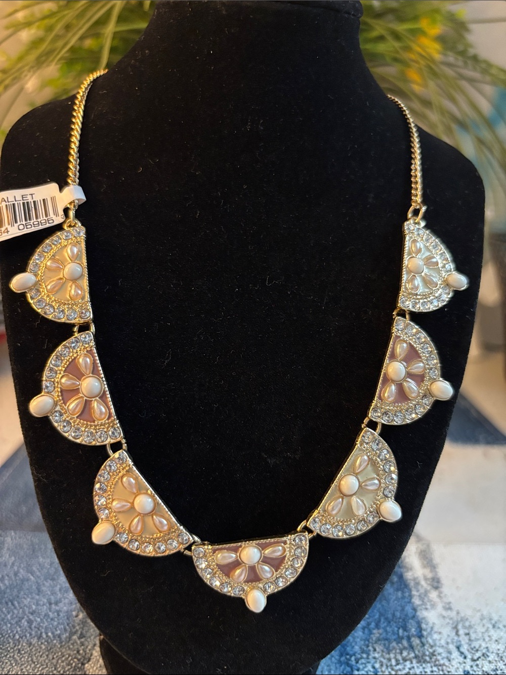 Gold-Tone Pearl & Crystal Semi-Circle Necklace - Picture 2 of 3